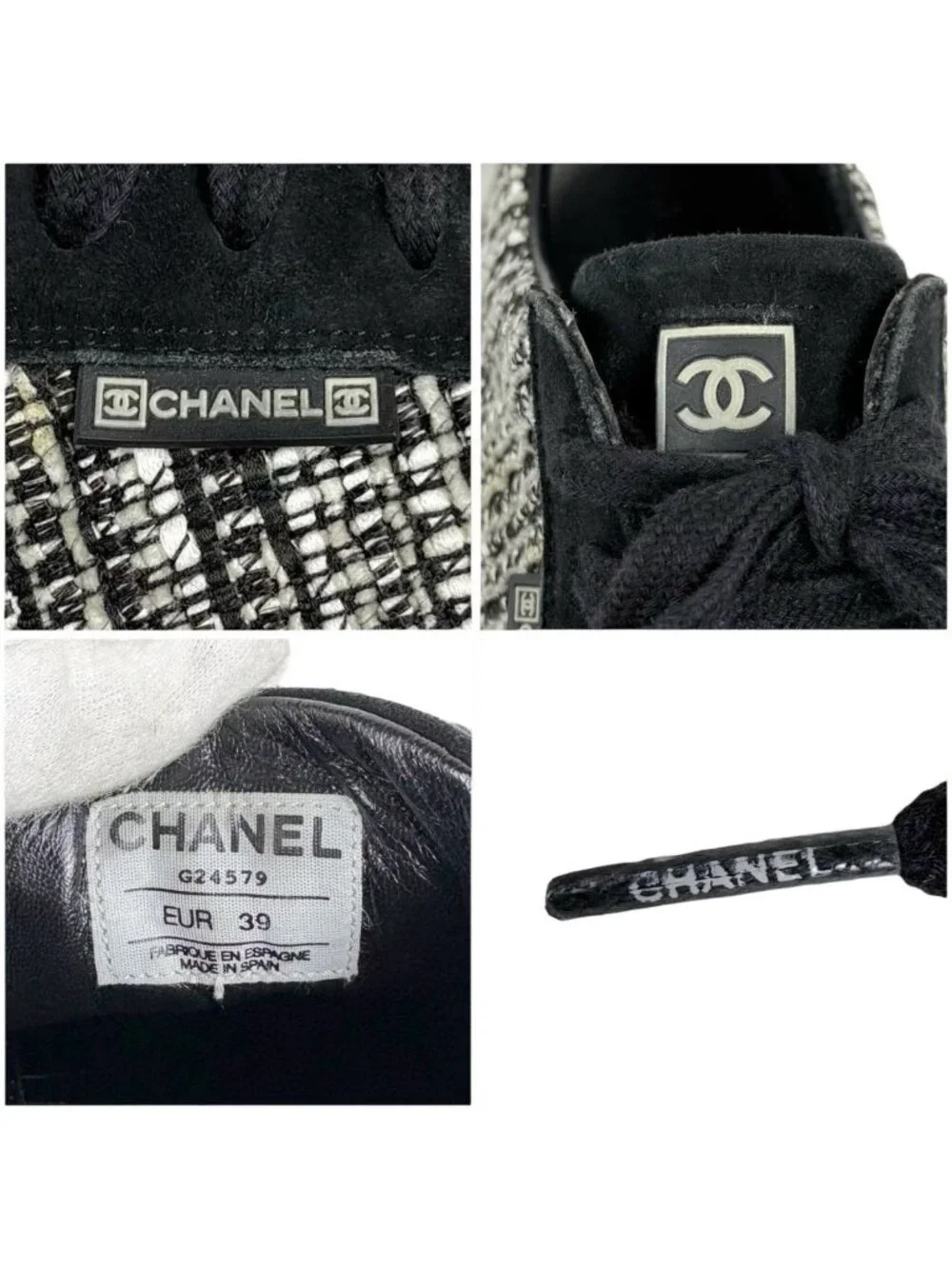Chanel Tweed Low Cut Sneakers Black CC Logo 39